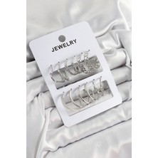 Pirinç Karışık Halka Model Gümüş Renk 6 Çift Kadın Küpe Set - Lisinya