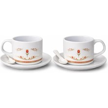 Porselen Çiçek Desenli 2 Kişilik Kahve Fincanı Seti – Tabaklı ve Kaşıklı Şık Sunum Seti