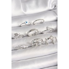 Pirinç Gümüş Renk Nazar Boncuk Detay Incili Kelebek Işlemeli Kadın Yüzük Kombini - Lisinya