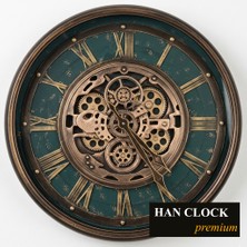 Han Clock Avangart Metal Çarklı Duvar Saati 60CM (P.yeşili-Bakır Eskitme)