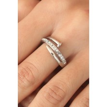 Gümüş Renk Taşlı Çivi Ayarlanabilir Kadın Yüzük - Lisinya