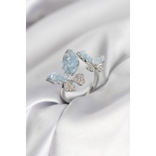 Gümüş Renk Mavi Kelebek Model Zirkon Taşlı Kadın Yüzük - Lisinya