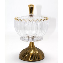 Karahanbey Metal Ayaklı Kristal Cam Şekerlik Gold Detaylı Sunumluk