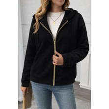 Ulak Handmader Kadın Uzun Kollu Kapşonlu Fermuarlı Önden Cep Detaylı Şardonlu Iki Iplik Ceket