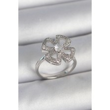 Pirinç Gümüş Renk Zirkon Taşlı Yonca Model Ayarlanabilir Kadın Yüzük - Lisinya