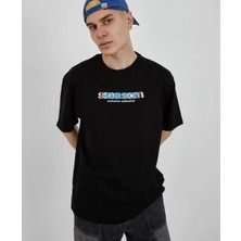 Tarz Yeri Erkek Bisiklet Yaka Baskılı  Kısa Kol Oversize T-Shirt - Siyah