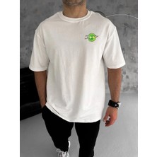 Erkek Bisiklet Yaka Baskılı Oversize T-Shirt - Beyaz