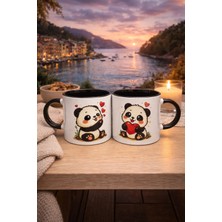 Sevimli Panda 2’li Porselen Kupa Bardak Seti – Kalpli Panda Tasarım Çift Kupa – Sevgiliye Hediye