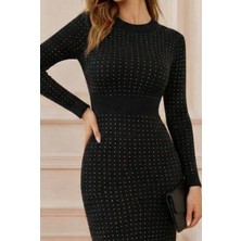 Gacha Kadın Uzun Kollu Bisiklet Yaka Taşlı Midi Kadife Elbise