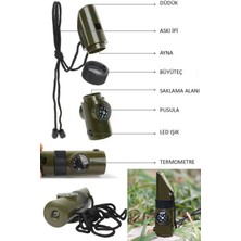 Tonkut 7si 1 Arada Acil Durum Düdüğü El Feneri Termometre Pusula Büyüteç ve Saklama Bölmeli Kampçı Düdüğü