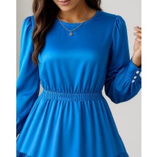 Nnstartshopping  Kadın Uzun Kollu Bisiklet Yaka Beli Lastikli Fırfırlı Ithal Krep Elbise