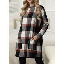 Sun&north Kadın Uzun Kollu Yarı Balıkçı Yakalı Cep Detaylı Ekoseli Dokuma Tunik