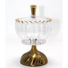Uslucan Alışveriş Metal Ayaklı Kristal Cam Şekerlik Gold Detaylı Sunumluk