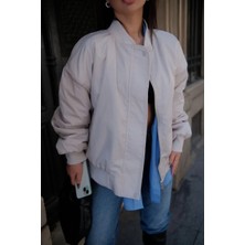 Kadın Prenıum Cepli Bomber Ceket Mont - Beyaz