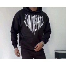 Tarz Yeri Erkek Üç Iplik Pamuklu Kapüşonlu Baskılı Sweatshirt - Siyah