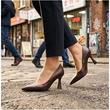 Gencer Leather Hakiki Deri Bayan Stiletto Ayakkabı Kahve