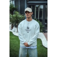 Tarz Yeri Erkek Üç Iplik Pamuklu Bisiklet Yaka Ön ve Arka Baskılı Sweatshirt - Beyaz