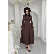 Nils Butik Zale Modal Kumaş Uzun Kol Bel Oturan Kloş Midi Kadın Elbise