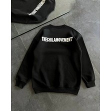 Kadın Üç Iplik Kışlık Bisiklet Yaka Oversize Baskılı Sweatshirt - Siyah