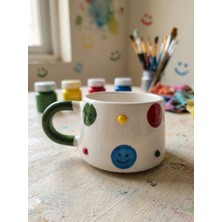 Nivra Grup El Yapımı Renkli Gülen Yüz Desenli Seramik Kupa Bardak Çay & Kahve Kupası 190 Ml. Hediyelik