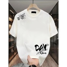 Tarz Yeri Kadın Day One Baskılı Oversize Bisiklet Yaka T-Shirt - Beyaz