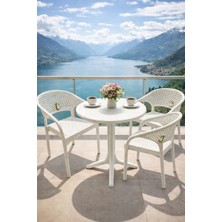 Ziynet Home Balkon Bahçe Teras Takımı Rattan Beyaz Çay Seti 60X60 Masa 2+1 Adet Sandalye 3 Kişilik