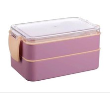 Hane216 Fely 2 Katlı Beslenme Kabı Seti & Saklama Kabı & Lunch Box - Titiz Kaşık Çatallı Pembe
