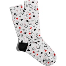 Eğlenceli Çorap Unisex Siyah Kırmızı Kalp Baskılı Çorap