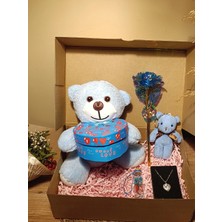 Paganca Mavi Kutulu Ayıcık 25CM - Anahtarlık - Dilek Şişesi - Sonsuzluk Gülü - Kalpli Kolye Hediye Seti