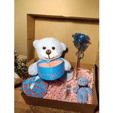 Paganca Mavi Kutulu Ayıcık 25CM - Ayıcık Anahtarlık - Dilek Şişesi - Sonsuzluk Gülü Hediye Seti