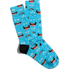 Eğlenceli Çorap Unisex Monster Smile Turkuaz  Baskılı Çorap