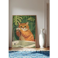 Des Vu Print Ellerini Yıkayan Kedi Posteri, Kedi Banyo Temalı Çerçevesiz Poster