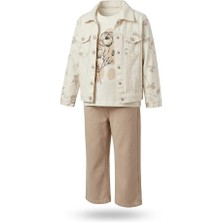 Mutlu Bebe Kız Çocuk Takım Krem Ceketli Pantolonlu Tişörtlü Baharlık Şık Kombin