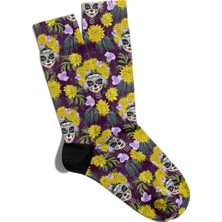 Eğlenceli Çorap Unisex Çiçek Detay Skull Baskılı Çorap