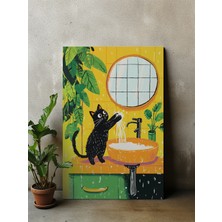 Des Vu Print Ellerini Yıkayan Kedi Posteri, Kedi Banyo Temalı Çerçevesiz Poster