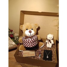 Paganca Kahverengi Kutulu Ayıcık 25CM - Ayıcık Anahtarlık - Dilek Şişesi - Çelik Damla Kolye Hediye Seti