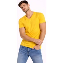 Erkek V Yaka Slim Fit Dar Kesim Likralı Tişört - Limon