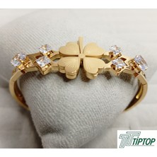 TIPTOP Yonca Model Zirkon Taşlı  Gold Renk Kelepçe Bileklik