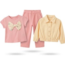 Nk Kız Çocuk 3’lü Takım Pembe Papyonlu Tişört Pantolon Krem Ceket Şık Kombin