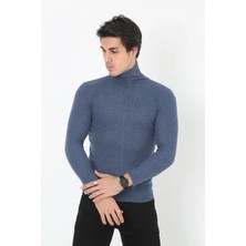 Erkek Kaşkorse Boğazlı Full Likralı Fitilli Body Kazak - Indigo