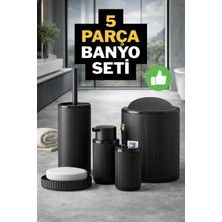 Eco Lounge 5 Parça Siyah Çizgili Banyo Seti – Çöp Kovası, WC Fırçası, Sıvı Sabunluk ve Diş Fırçalık Modern Banyo Aksesuar Seti