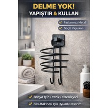 Eco Lounge Siyah Yapışkanlı Fön Makinesi Askısı – Delme Gerektirmez Paslanmaz Metal Saç Kurutma Makinesi Tutacağı (Duvar Tipi)