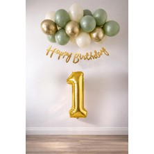Küf Yeşili Deniz Kumu ve Krom Gold Balonlu Konsept  Doğum Günü Seti