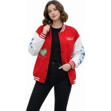 Deridün Yıldız Shoes Kırmızı Varsity Çıtçıtlı Baskılı Oversize Kalıp Kolej Ceket - Kırmızı