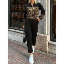 Civetta Kadın Uzun Kollu Kapşonlu Leopar Desenli Viskon Iki Iplik Bluz ve Pantolon Ikili Takım