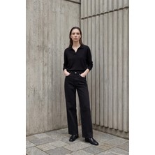 Hiccup Kadınlar MY FASHION Yüksek Bel Geniş Paçalı Cepli Kot Pantolon Siyah