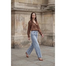 Hiccup Kadın MY FASHION Yüksek Bel Geniş Paçalı Cepli Kot Pantolon Buz Mavisi