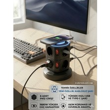 Azurtech Ps8 8 Bölmeli Çoklu Priz, 3 Usb, Çoklu Priz, Priz Kulesi, Yüksek Gerilim Koruması, Kablosuz Şarj Fonksiyonu, 10 W, USB 2 Tek Şalterli Masa Prizi, Oturma Odası