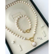 Eyla Collection Gemici Düğümü Kilitli Çeyrek Altın Takılabilir Gerçek Inci Set (60 Cm)