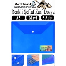 Artlantis Mavi A5 Çıtçıtlı Dosya Şeffaf Renkli Zarf Dosya 5 Adet 17X22 cm Çıt Çıtlı Dosya Su Geçirmez 50 Yaprak Kapasiteli